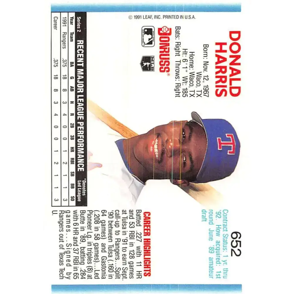 1992 Donruss #652 Donald Harris NM-MT Texas Rangers Baseball Card - Baseball Card Single