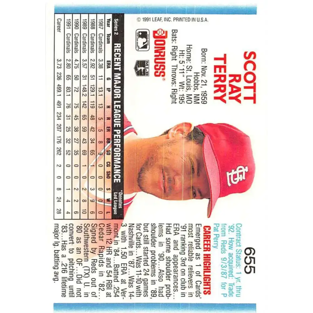 1992 Donruss #655 Scott Terry NM-MT St. Louis Cardinals Baseball Card - Baseball Card Single