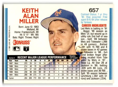 Original gloss Keith Miller baseball card from 1992 Donruss featuring Mets ID 67139
