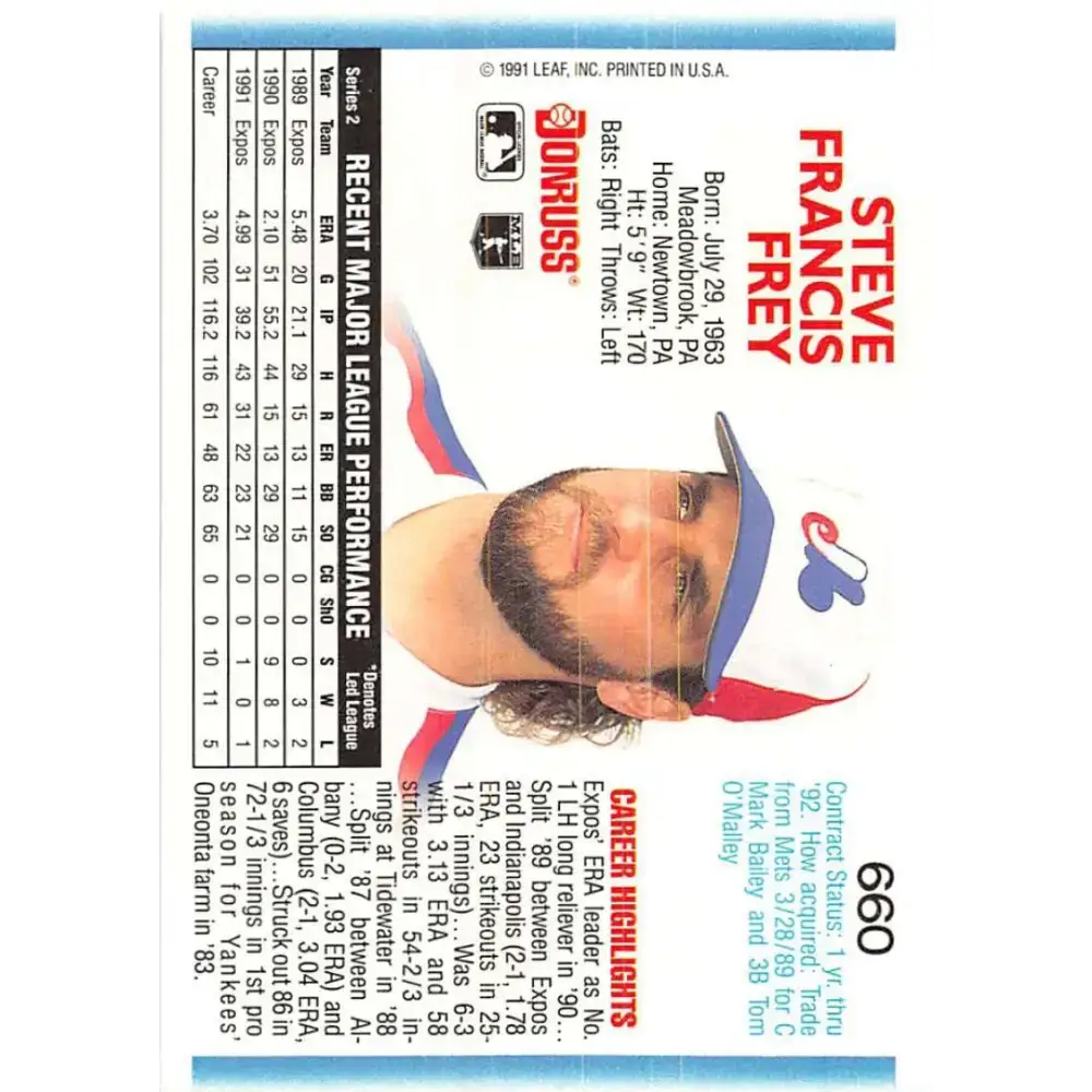 1992 Donruss #660 Steve Frey NM-MT Montreal Expos Baseball Card - Baseball Card Single