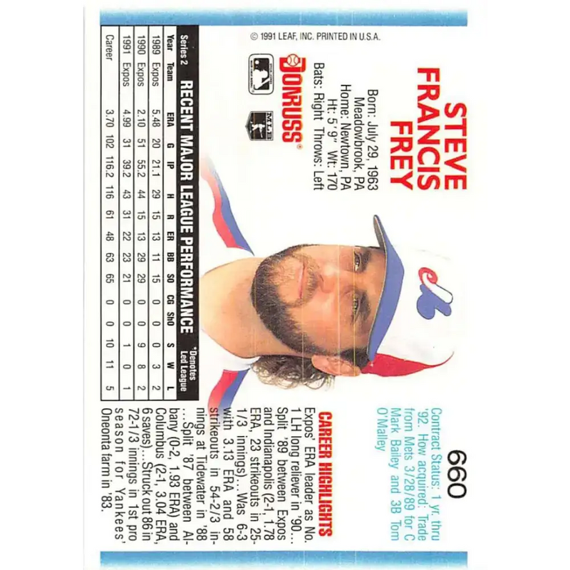 1992 Donruss #660 Steve Frey NM-MT Montreal Expos Baseball Card - Baseball Card Single