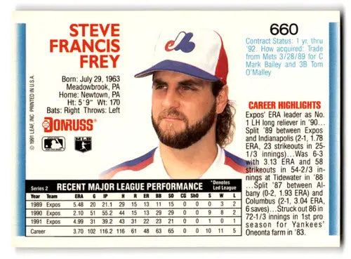 Original gloss Steve Frey baseball card 1992 Donruss near mint Expos ID 67090
