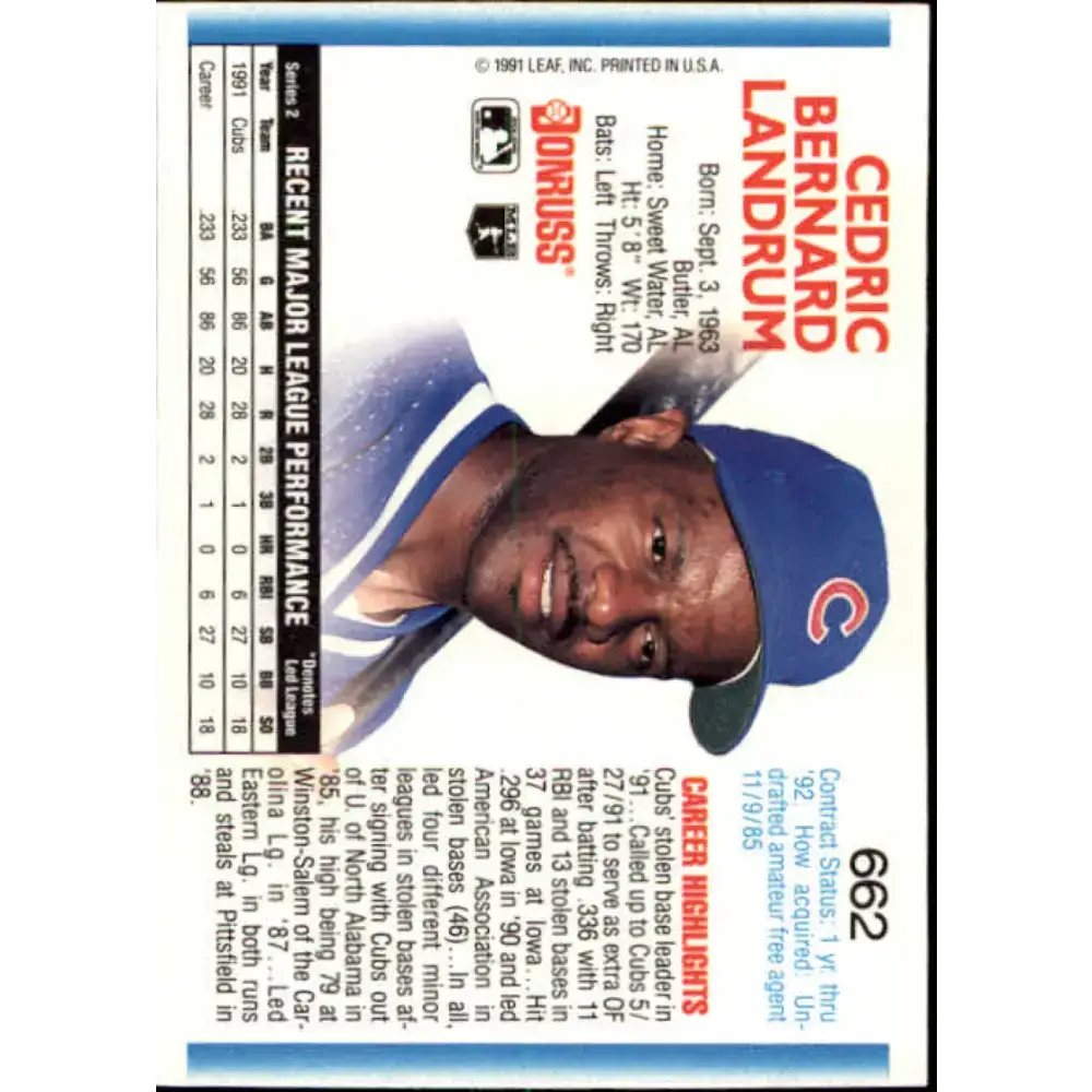 1992 Donruss #662 Ced Landrum NM-MT Chicago Cubs Baseball Card - Baseball Card Single