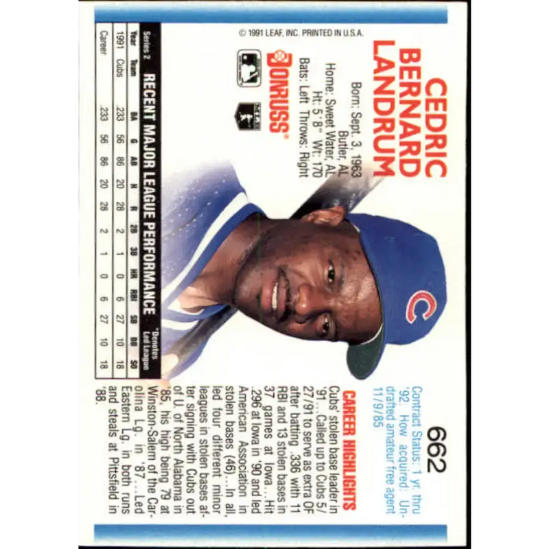 1992 Donruss #662 Ced Landrum NM-MT Chicago Cubs Baseball Card - Baseball Card Single