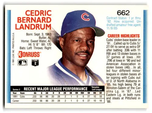 1992 Donruss #662 Ced Landrum NM Near Mint Cubs ID:67143 - Baseball Card Single