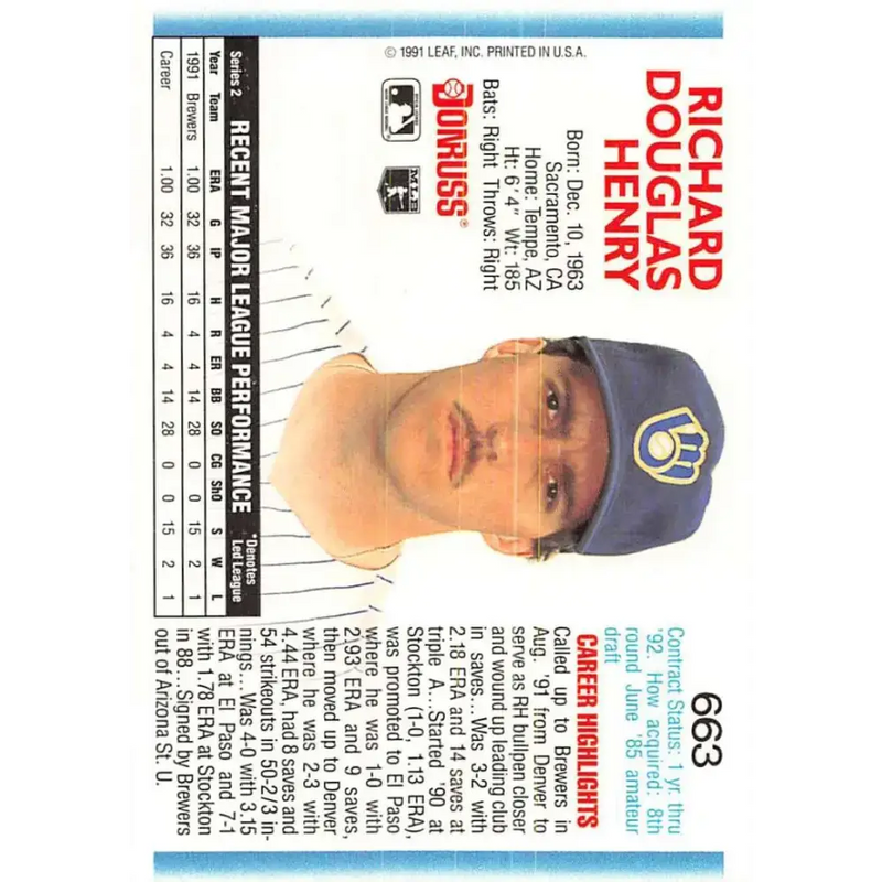 1992 Donruss #663 Doug Henry NM-MT RC Rookie Milwaukee Brewers Baseball Card - Baseball Card Single