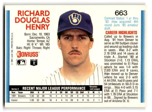 Richard Douglas Henry rookie Brewers baseball card with original gloss from 1992 Donruss