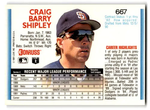 Craig Shipley 1992 Donruss baseball card with original gloss mint Padres ID 67171