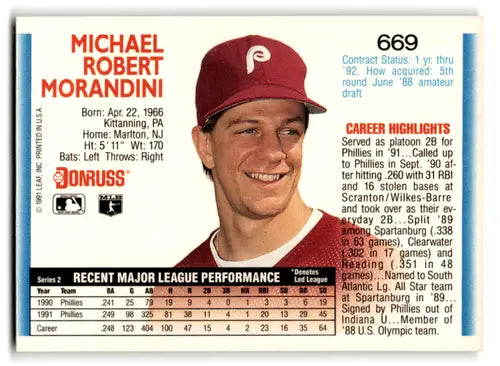 1992 Donruss #669 Mickey Morandini NM Near Mint Phillies ID:67141 - Baseball Card Single