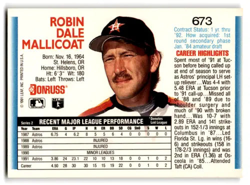 Robin Dale Mallicoat baseball card from 1992 Donruss showing mint Astros with original gloss