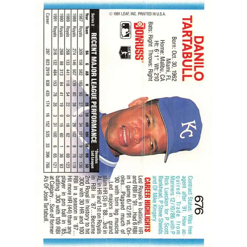 1992 Donruss #676 Danny Tartabull NM-MT Kansas City Royals Baseball Card - Baseball Card Single