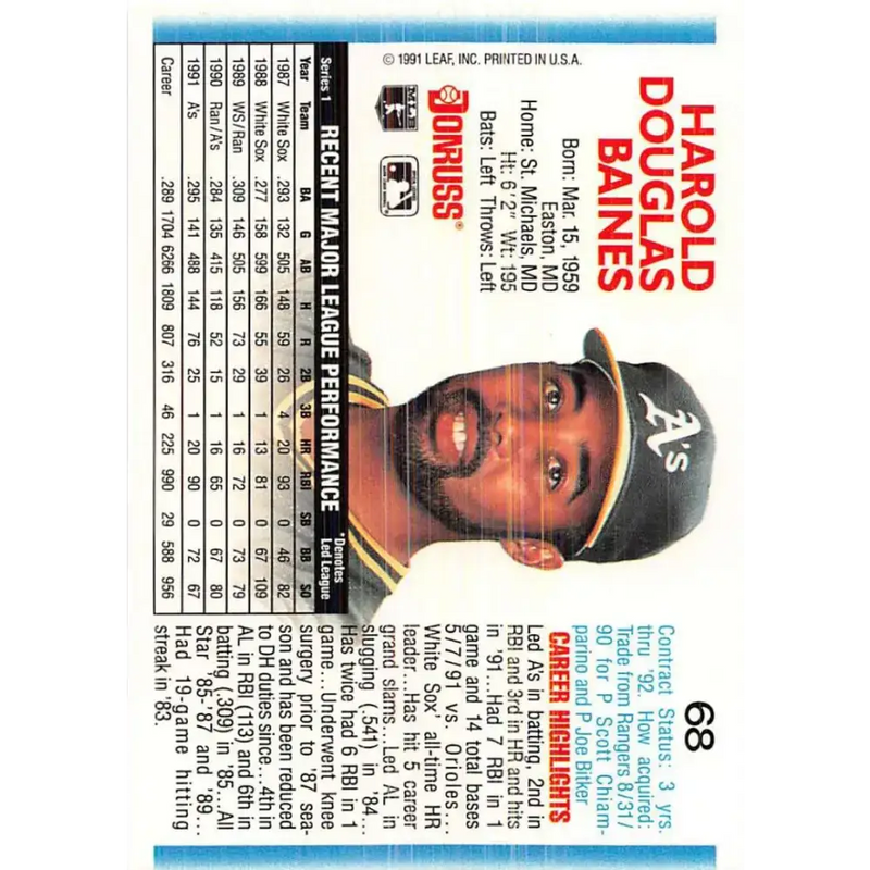 1992 Donruss #68 Harold Baines NM-MT Oakland Athletics Baseball Card - Baseball Card Single