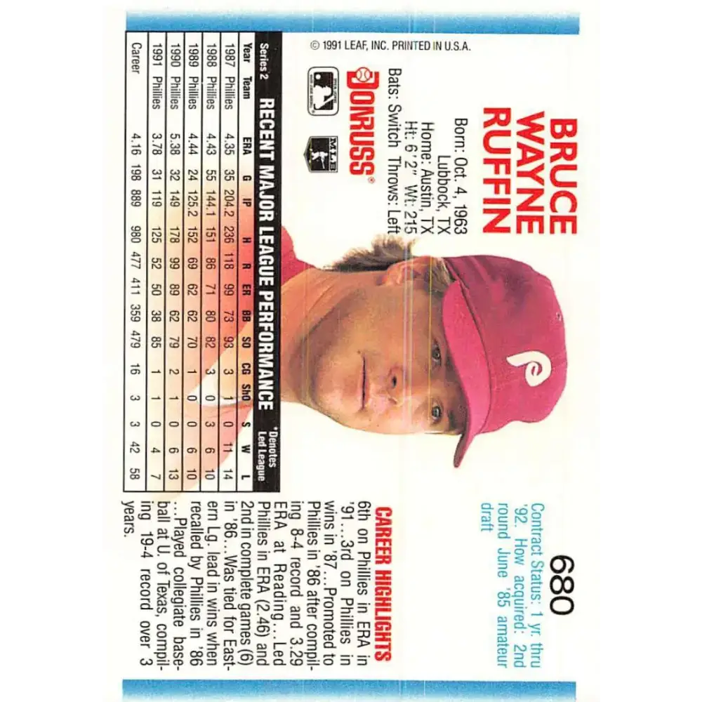 1992 Donruss #680 Bruce Ruffin NM-MT Philadelphia Phillies Baseball Card - Baseball Card Single