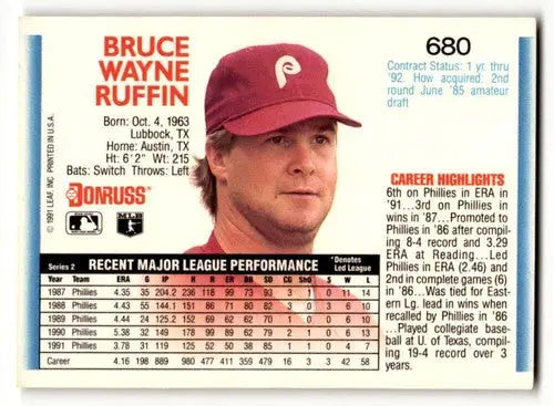Original gloss Bruce Ruffin Philadelphia Phillies baseball card from 1992 Donruss #680