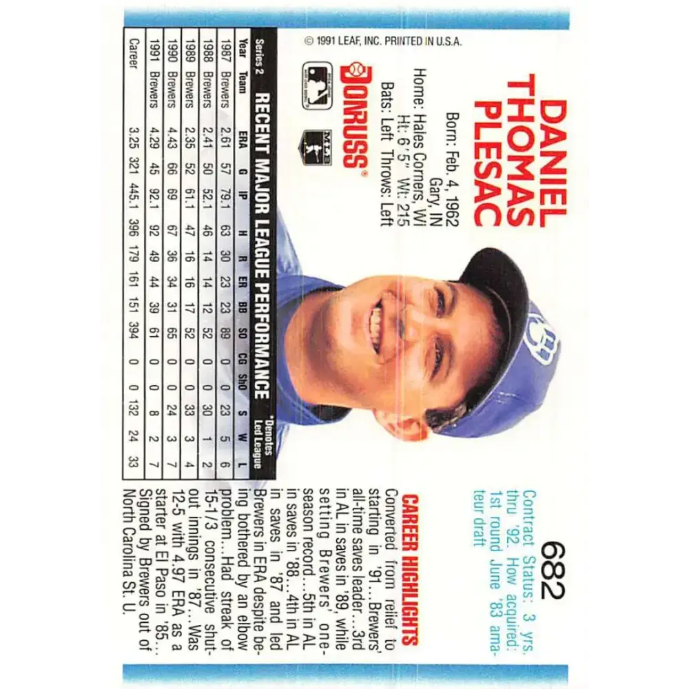 1992 Donruss #682 Dan Plesac NM-MT Milwaukee Brewers Baseball Card - Baseball Card Single