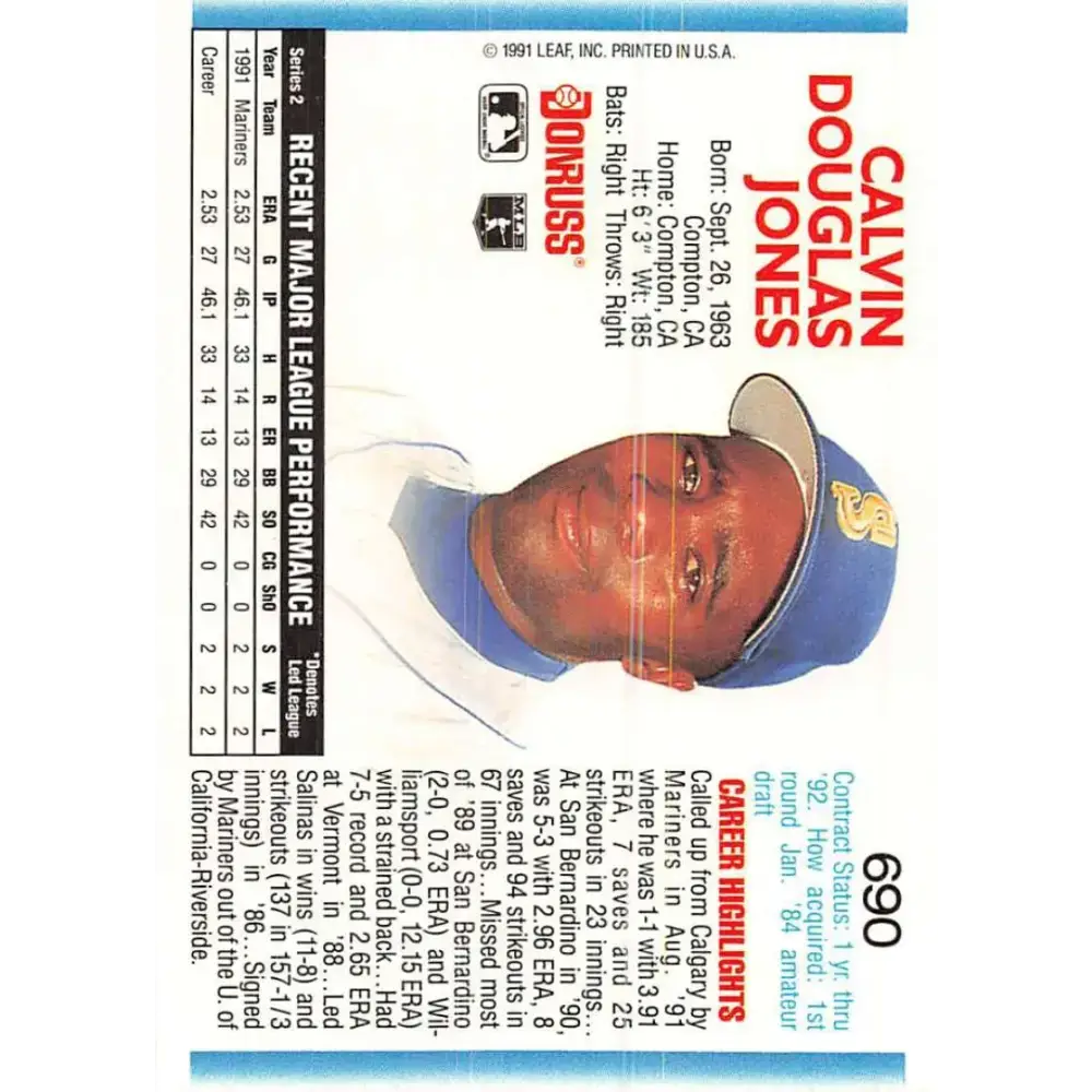 1992 Donruss #690 Calvin Jones NM-MT RC Rookie Seattle Mariners Baseball Card - Baseball Card Single