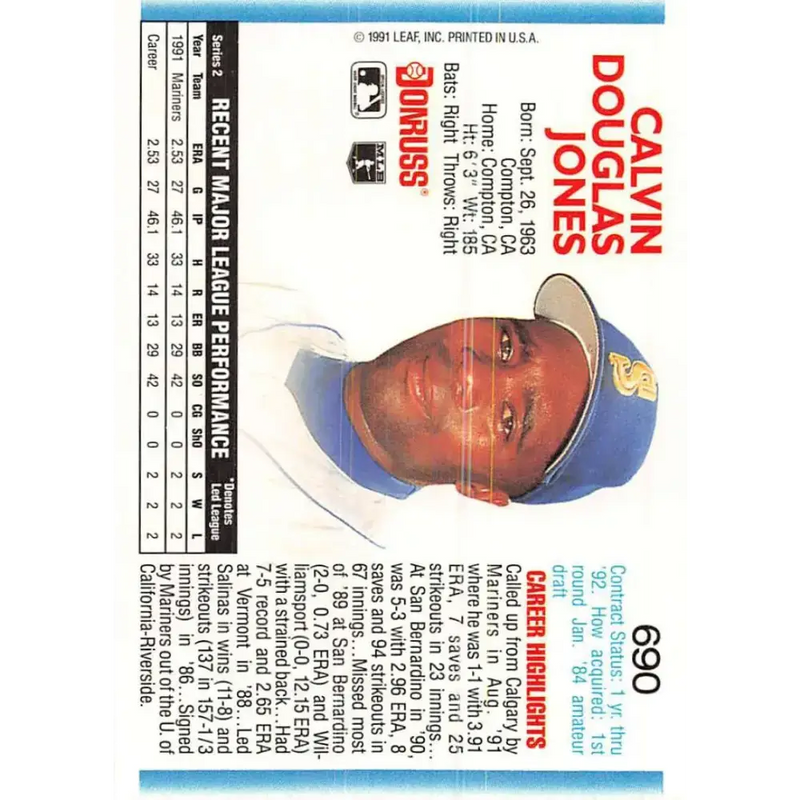 1992 Donruss #690 Calvin Jones NM-MT RC Rookie Seattle Mariners Baseball Card - Baseball Card Single