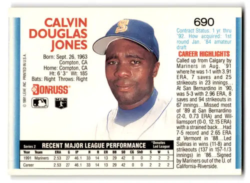 Original gloss 1992 Donruss Calvin Jones Rookie Mariners baseball card front