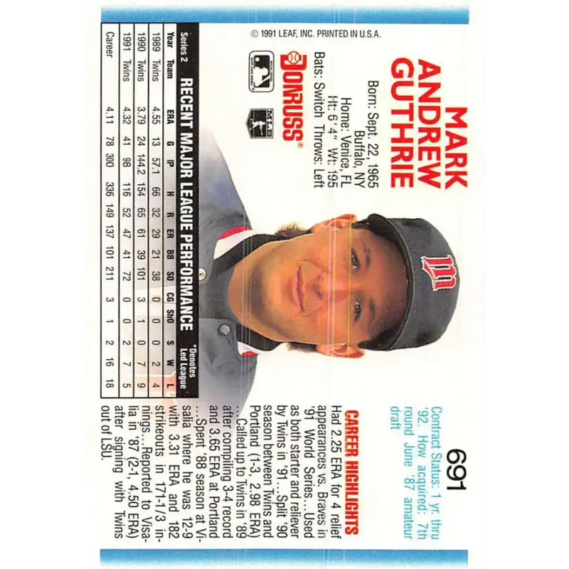 1992 Donruss #691 Mark Guthrie NM-MT Minnesota Twins Baseball Card - Baseball Card Single