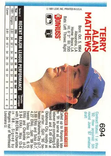 Original gloss baseball card of Terry Mathews rookie Rangers from 1992 Donruss #694