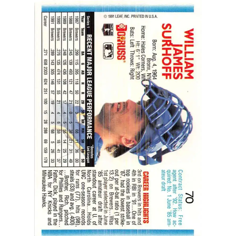 1992 Donruss #70 B.J. Surhoff NM-MT Milwaukee Brewers Baseball Card - Baseball Card Single