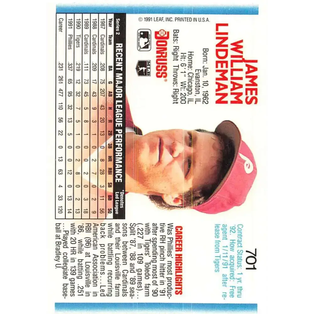 1992 Donruss #701 Jim Lindeman NM-MT Philadelphia Phillies Baseball Card - Baseball Card Single