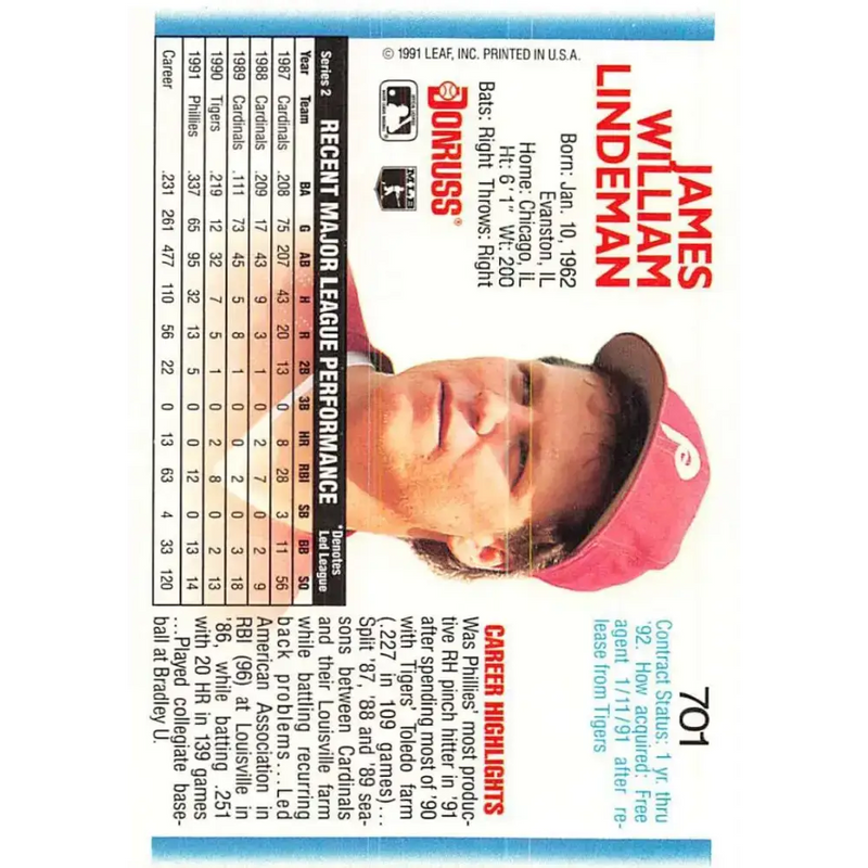 1992 Donruss #701 Jim Lindeman NM-MT Philadelphia Phillies Baseball Card - Baseball Card Single