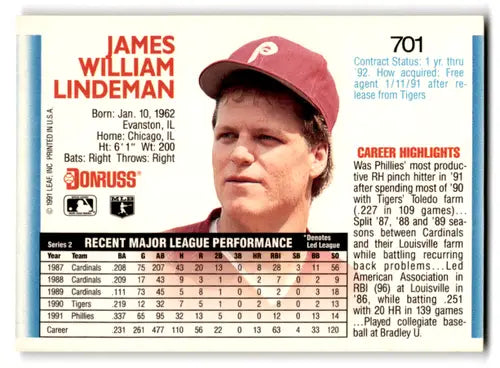 Original gloss Jim Lindeman baseball card featuring mint Phillies from 1992 Donruss
