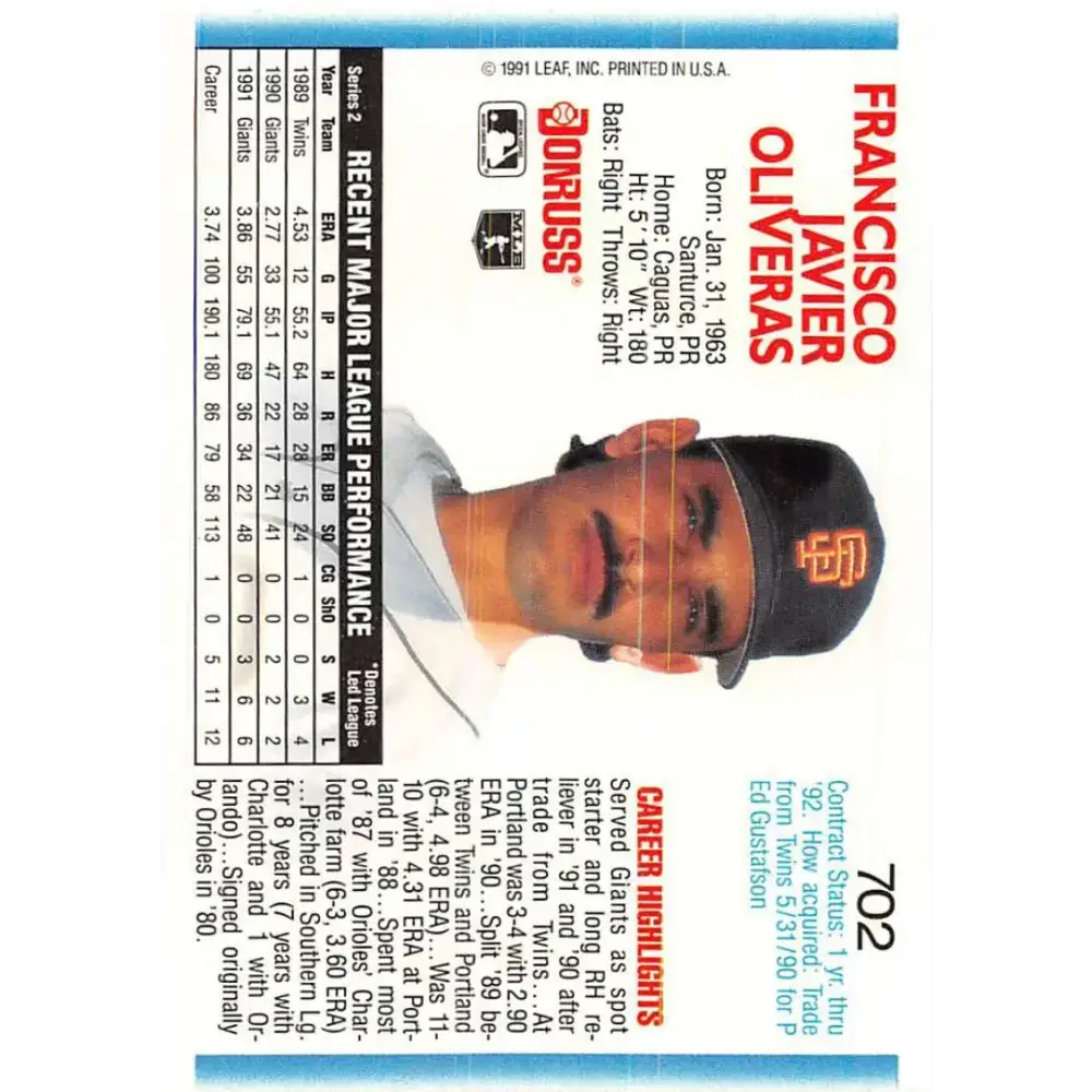 1992 Donruss #702 Francisco Oliveras NM-MT San Francisco Giants Baseball Card - Baseball Card Single