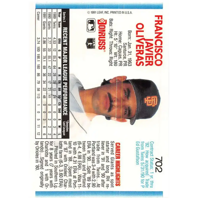 1992 Donruss #702 Francisco Oliveras NM-MT San Francisco Giants Baseball Card - Baseball Card Single