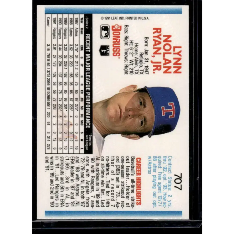 1992 Donruss #707 Nolan Ryan Texas Rangers NM-MT Baseball Card - Baseball Card Single