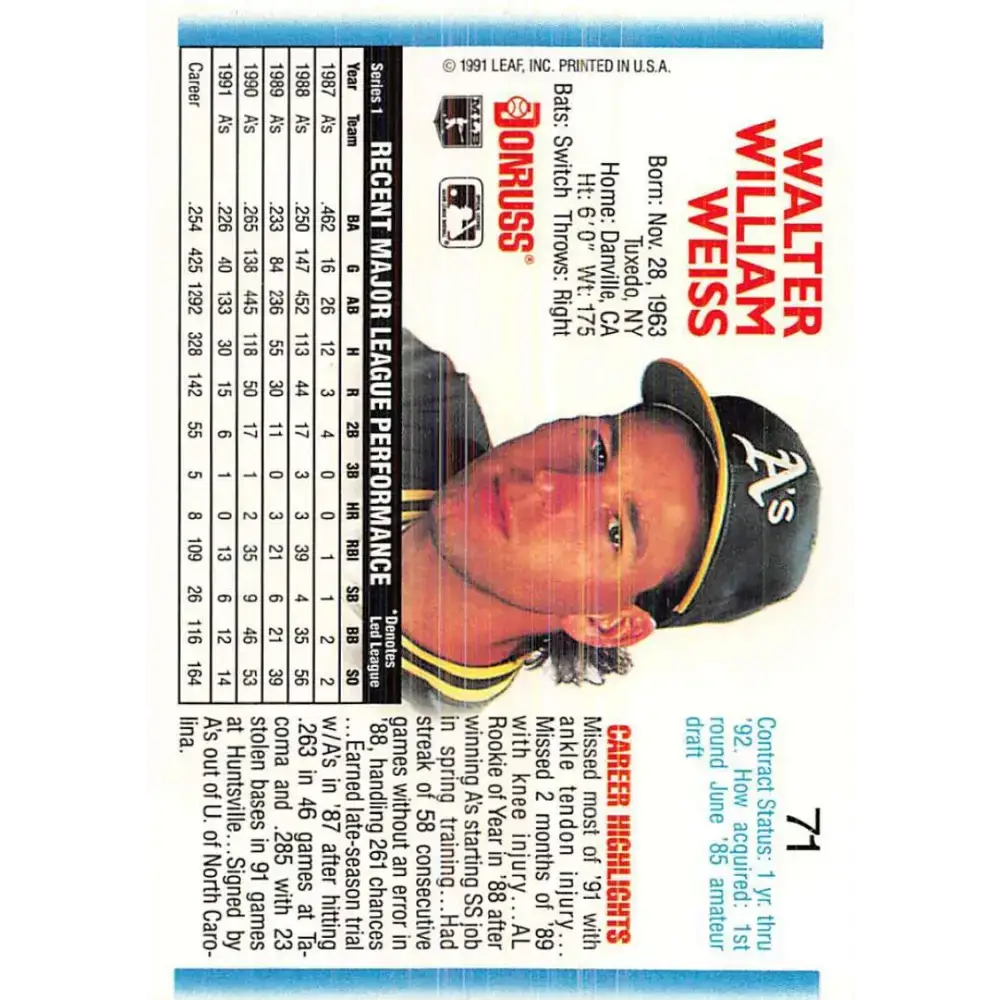 1992 Donruss #71 Walt Weiss NM-MT Oakland Athletics Baseball Card - Baseball Card Single