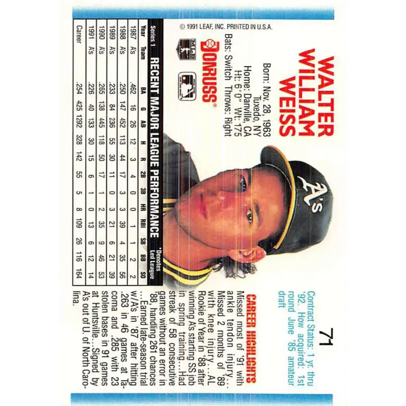 1992 Donruss #71 Walt Weiss NM-MT Oakland Athletics Baseball Card - Baseball Card Single