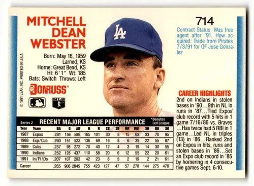 Original gloss Mitch Webster baseball card featuring Mitch Webster Los Angeles Dodgers player