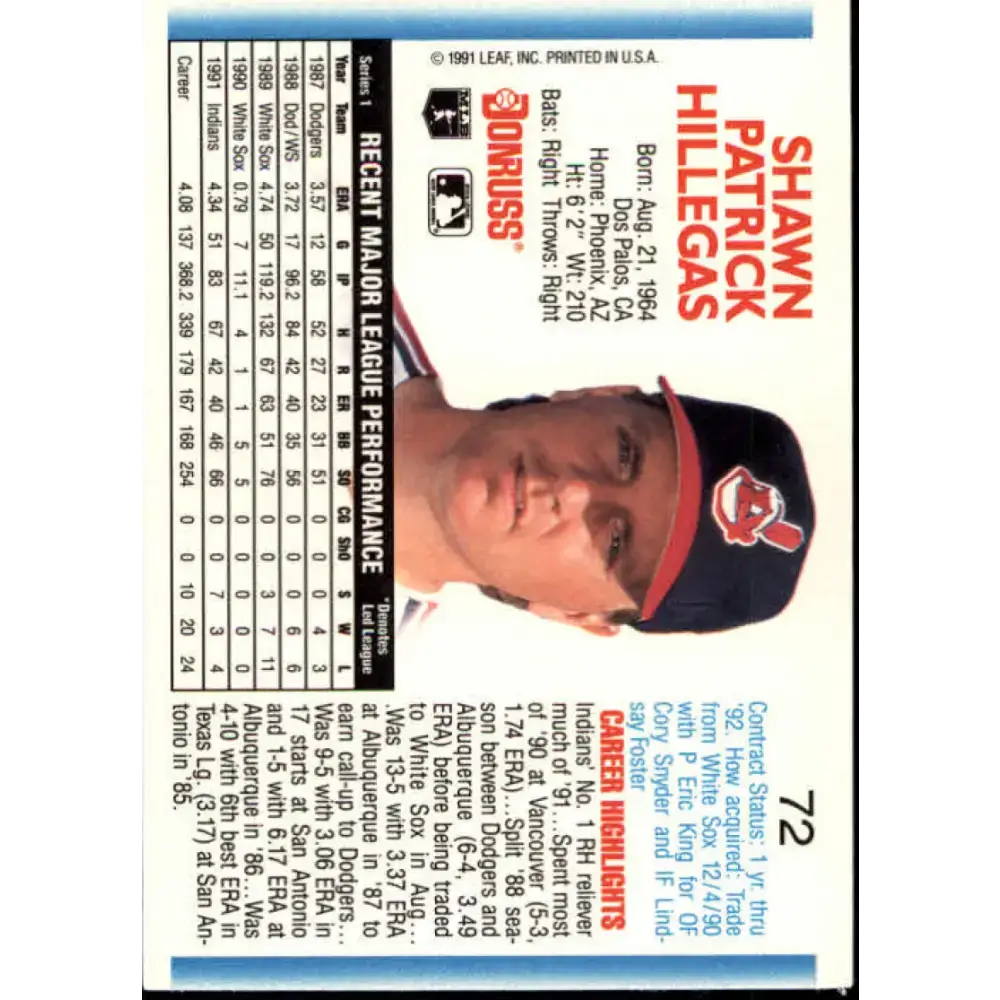 1992 Donruss #72 Shawn Hillegas NM-MT Cleveland Indians Baseball Card - Baseball Card Single