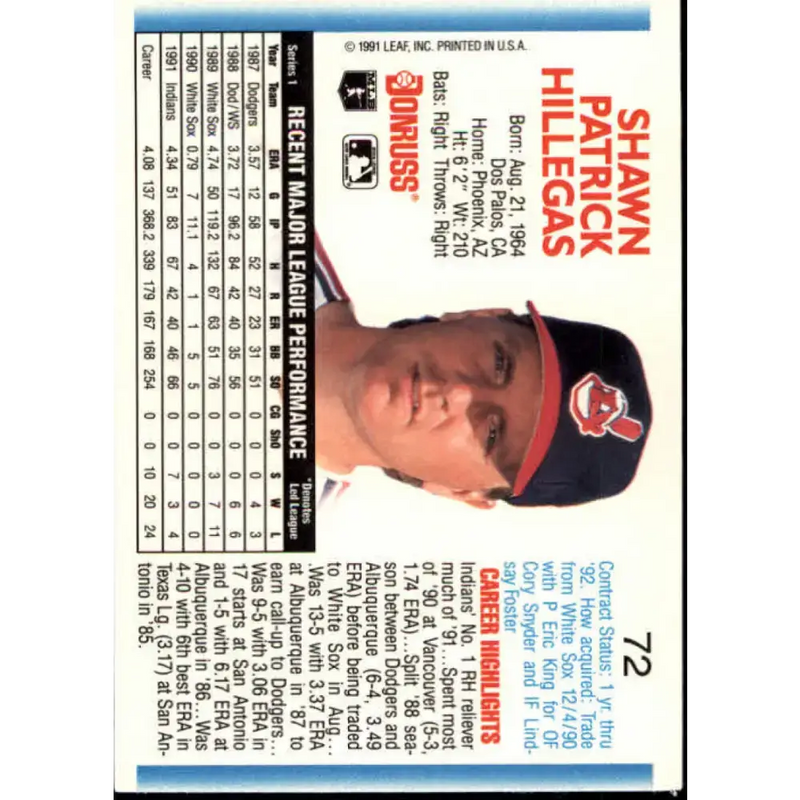 1992 Donruss #72 Shawn Hillegas NM-MT Cleveland Indians Baseball Card - Baseball Card Single