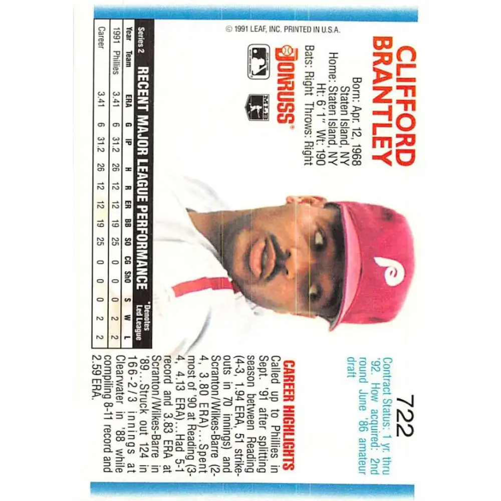 1992 Donruss #722 Cliff Brantley NM-MT RC Rookie Philadelphia Phillies Baseball Card - Baseball Card Single