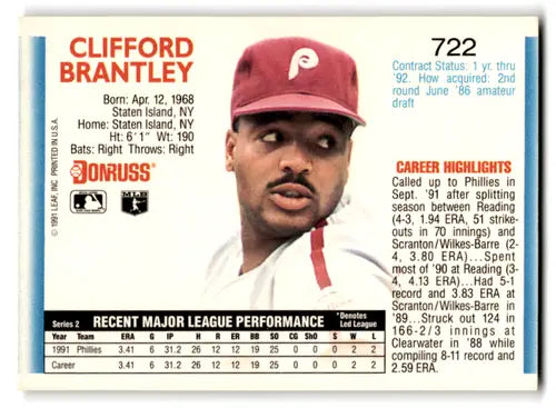 1992 Donruss #722 Cliff Brantley NM Near Mint RC Rookie Phillies ID:67096 - Baseball Card Single