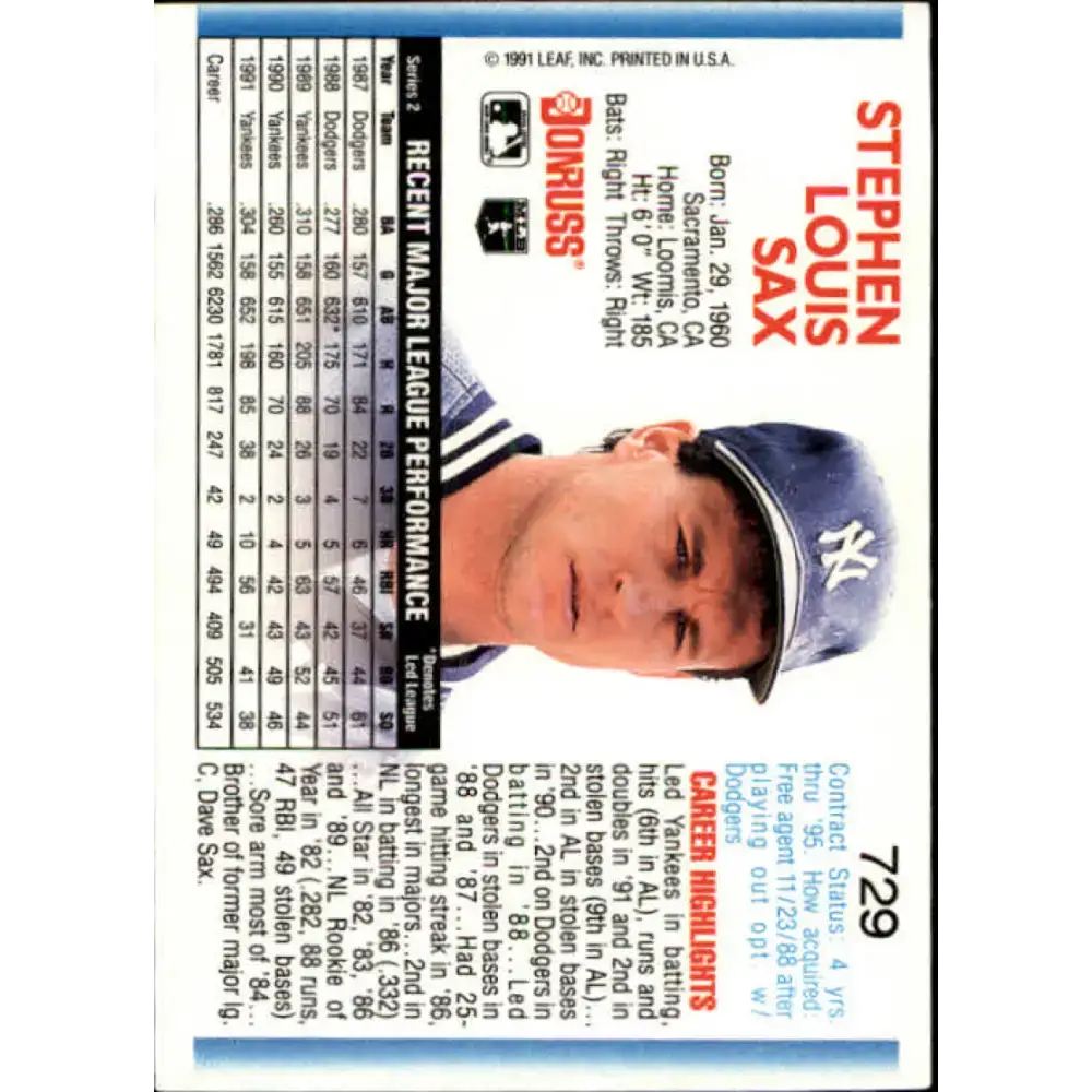 1992 Donruss #729 Steve Sax NM-MT New York Yankees Baseball Card - Baseball Card Single