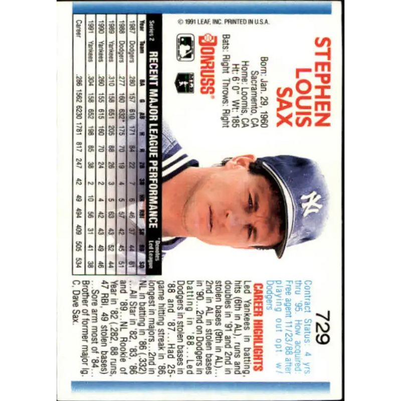 1992 Donruss #729 Steve Sax NM-MT New York Yankees Baseball Card - Baseball Card Single