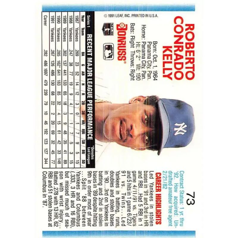 1992 Donruss #73 Roberto Kelly NM-MT New York Yankees Baseball Card - Baseball Card Single