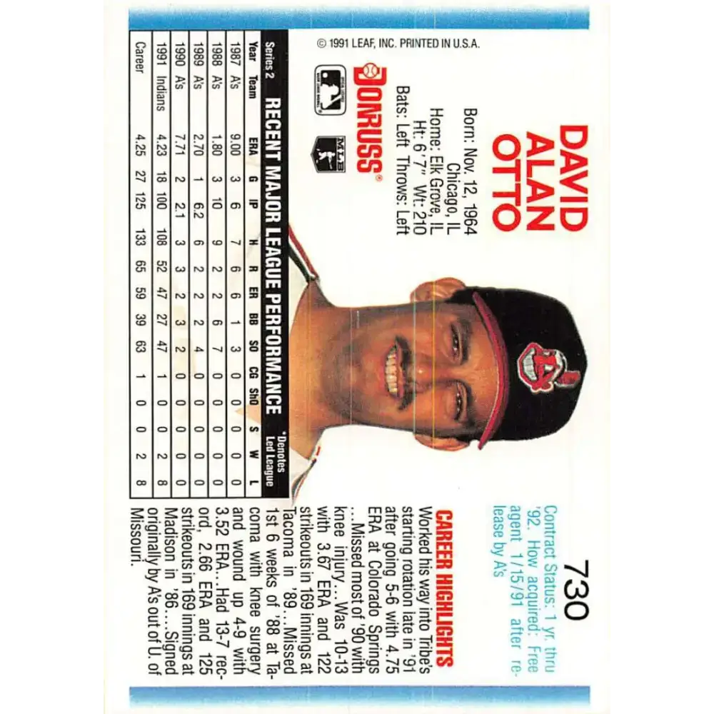 1992 Donruss #730 Dave Otto NM-MT Cleveland Indians Baseball Card - Baseball Card Single