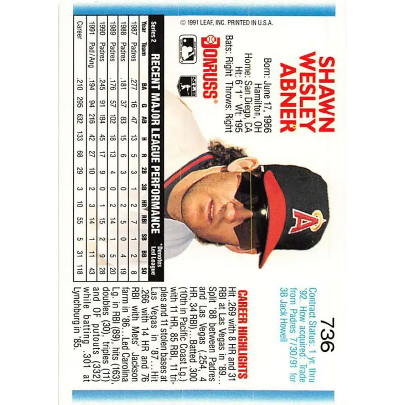 1992 Donruss #736 Shawn Abner NM-MT California Angels Baseball Card - Baseball Card Single