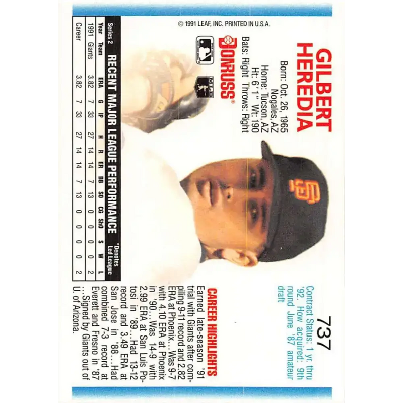 1992 Donruss #737 Gil Heredia NM-MT RC Rookie San Francisco Giants Baseball Card - Baseball Card Single