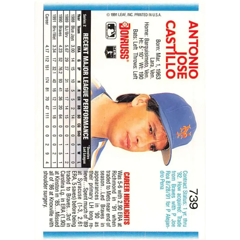 1992 Donruss #739 Tony Castillo NM-MT New York Mets Baseball Card - Baseball Card Single