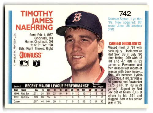 Original gloss 1992 Donruss Tim Naehring baseball card showing mint Red Sox ID:67107