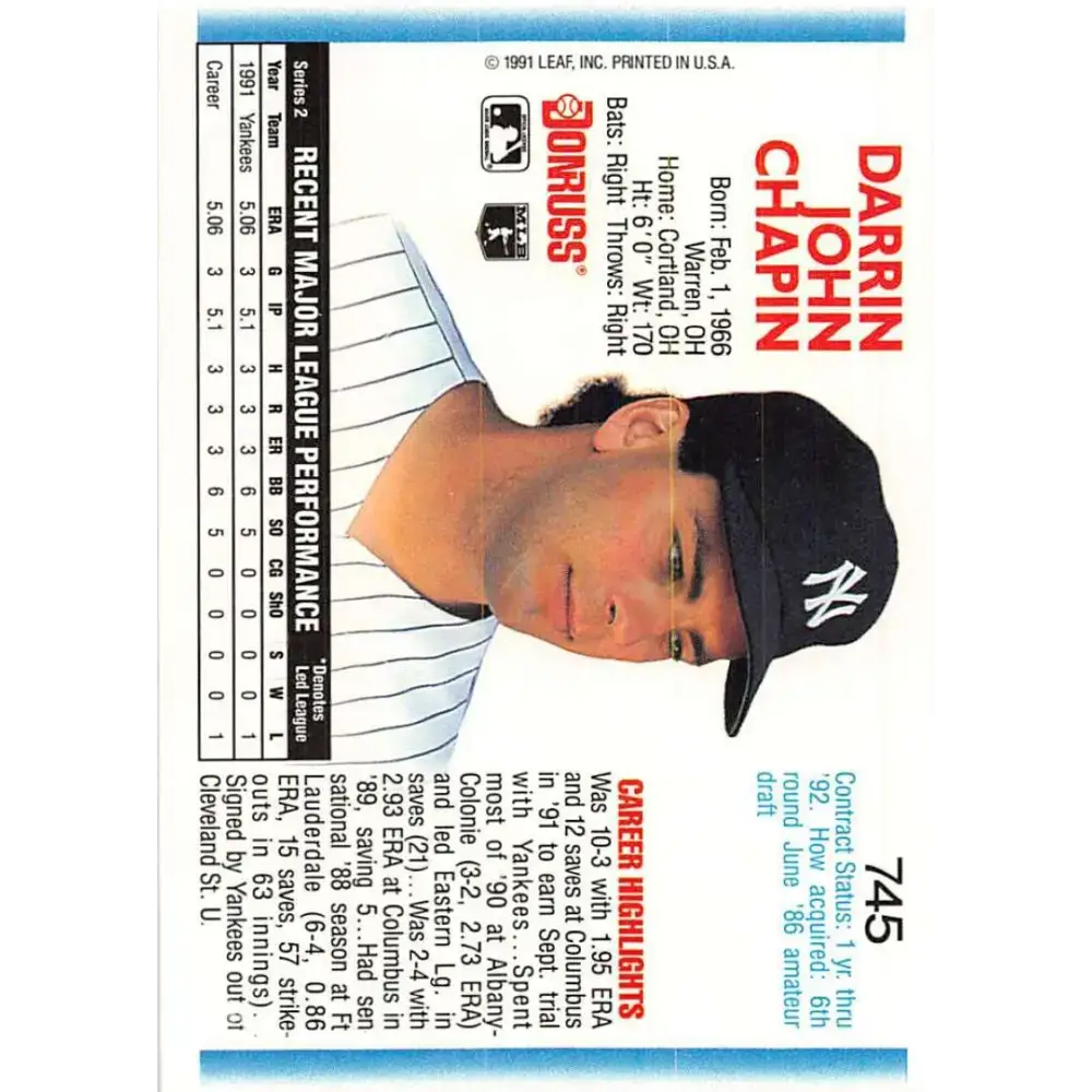 1992 Donruss #745 Darrin Chapin NM-MT RC Rookie New York Yankees Baseball Card - Baseball Card Single