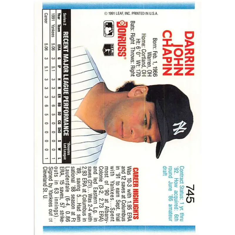 1992 Donruss #745 Darrin Chapin NM-MT RC Rookie New York Yankees Baseball Card - Baseball Card Single
