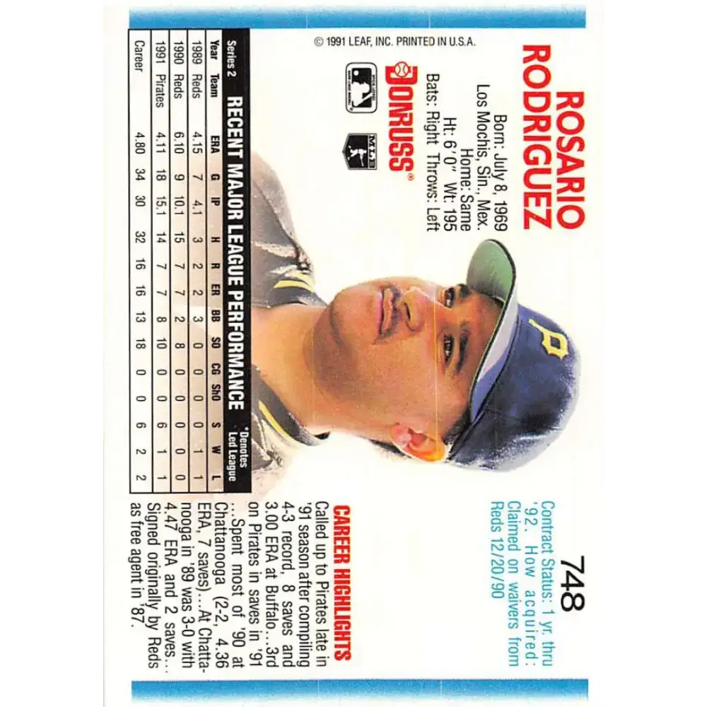 1992 Donruss #748 Rosario Rodriguez NM-MT Pittsburgh Pirates Baseball Card - Baseball Card Single