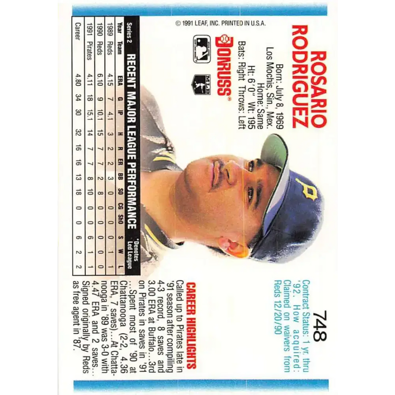 1992 Donruss #748 Rosario Rodriguez NM-MT Pittsburgh Pirates Baseball Card - Baseball Card Single